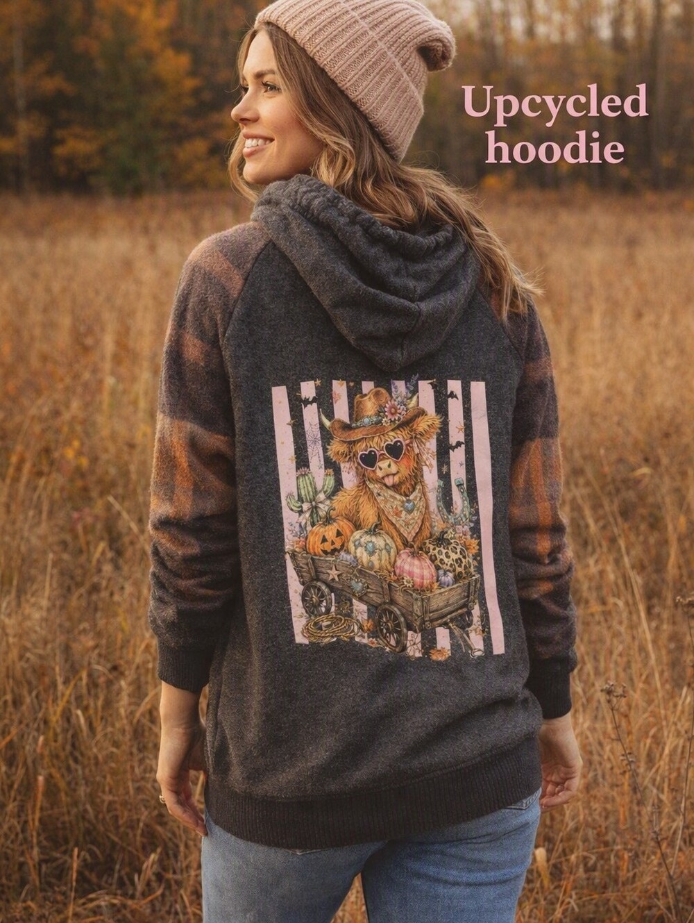 Upcycled Western Fall Hoodie – Cowgirl Graphic, Cozy Charcoal Sweatshirt 0050